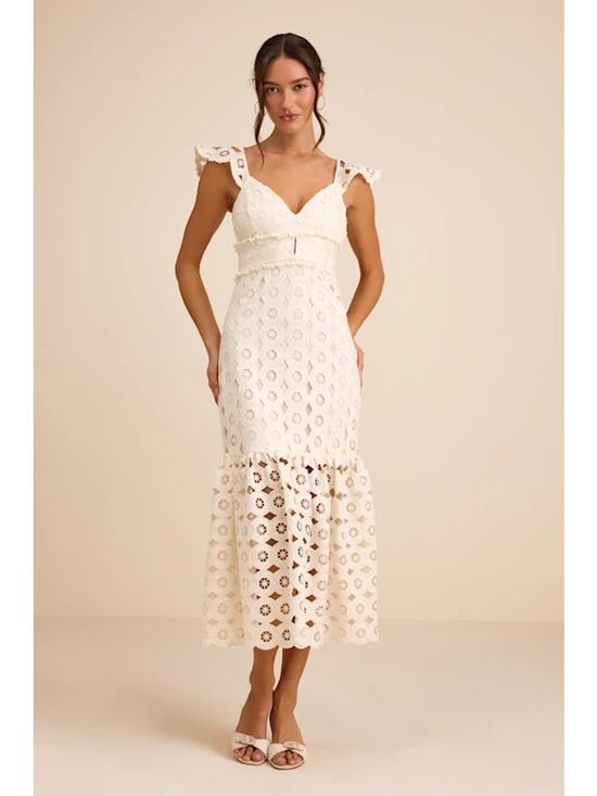 Just Me Dresses & Skirts - NWOT Just Me Adalyn Cream Crochet Lace Trumpet Midi Dress M